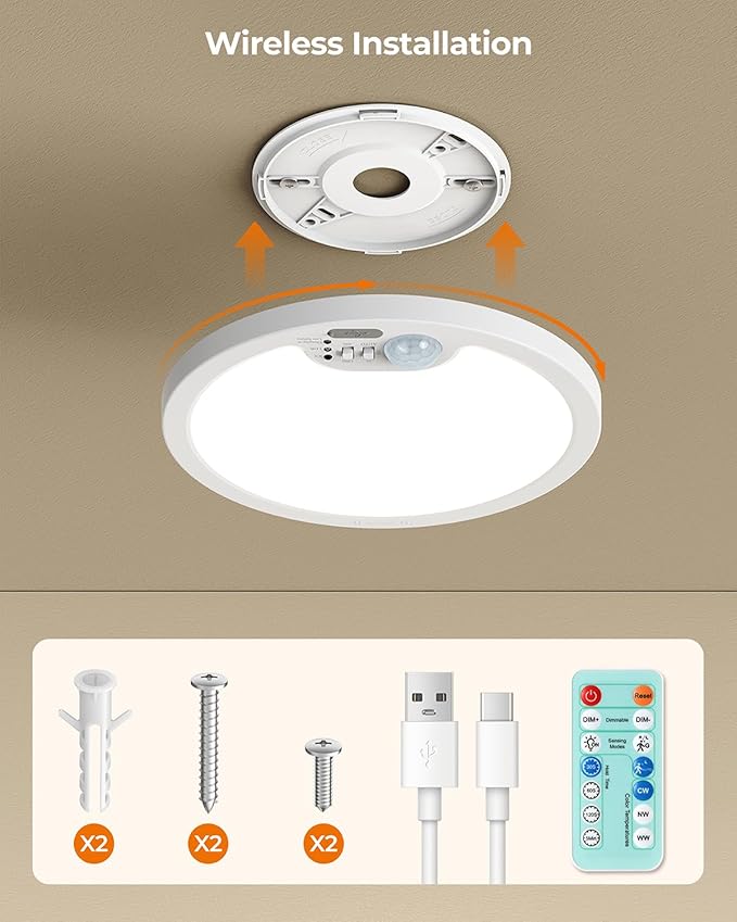 BLNAN Rechargeable Motion Sensor Ceiling Light with Remote, Battery Operated Ceiling Light, 3 Color Temperatures LED Shower Lights for Pantry, Stairs, Garage, Hallway, 2 Pack