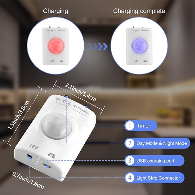 LUXJET Rechargeable Motion Sensor Wardrobe Light, 3.3ft Flexible LED Strip with 30LED, PIR and Light Sensor, Warm White Night Light for Bedroom, Kitchen, Wall, Closet, Cabinet