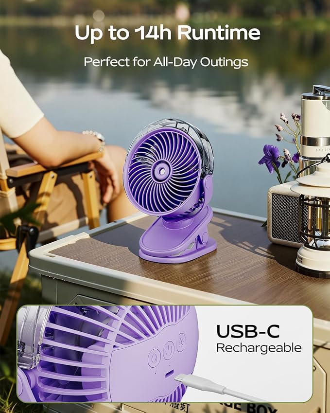 SWEETFULL Portable Misting Clip On Fan, USB-C Rechargeable Mini Personal Cooling Fan with 4 Speeds, 360° Rotatable, Quiet Cooling for Outdoor, Camping, Golf Cart, Travel, Stroller & Desk (Purple)