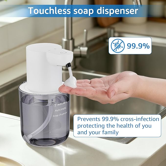 Automatic Foaming Soap Dispenser for Bathroom: 4-Level Adjustable Countertop/Wall Mount Hand Soap Dispenser, 13.5oz/400ml Type-C Rechargeable – Suitable for Kitchen, Bathroom, Office, Hotel (White)