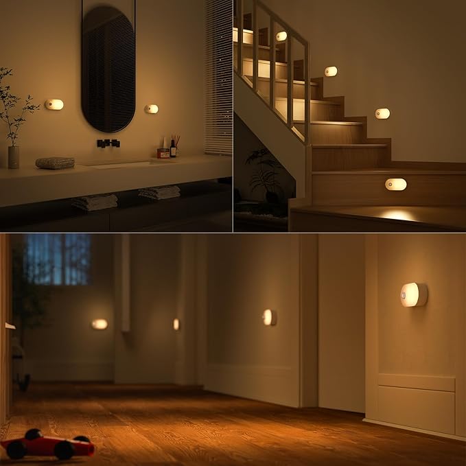 Lyridz Rechargeable Battery Night Light with Motion Sensor, Stick on Anywhere, 1-20LM Dimmable LED Nightlights for the Bedroom, Bathroom, Living Room, Kitchen, Stairs, Hallway, 4-Pack