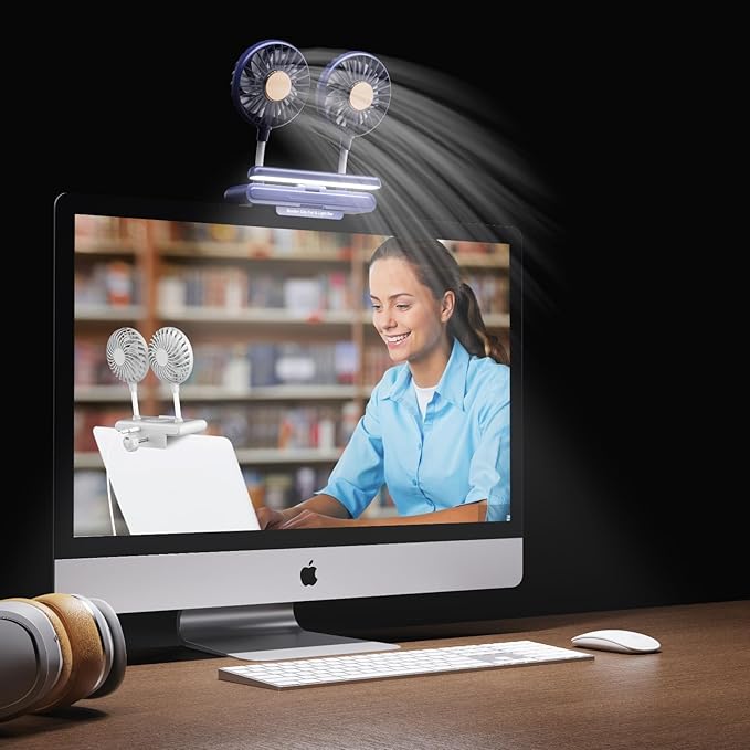 Binguowang Monitor Fan with Clamp & Light Bar Desk Lamp with fan for Office mini Desk fan small quiet with lamp for PC Laptops Tablet for Home Office Portable Working Reading Stand Lamp (Dark Blue)