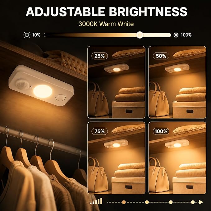 LightingWill LED Motion Sensor Puck Lights, Rechargeable Under Cabinet Lights, Stick on Wireless Night Lights, Dimmable Closet Lights for Drawer, Shelf, Hallway, Stairs, Warm White, 8 Pack