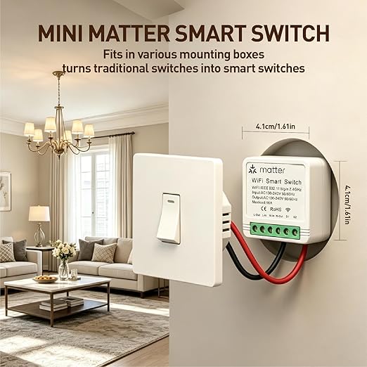 Matter Smart Switch, Smart Light Switch, WiFi Mini DIY Module, eWeLink Web, Flush-Mounted, APP & Voice Control, Smart Switches for Lights Compatible with Apple, Alexa & Google, 2PCS