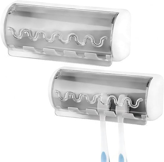 2 PCS Self Adhesive Toothbrush Holder with Cover for Bathroom, 5-Slot Wall Mounted Toothbrush Organizer Rack for Shower, Dorm, Cabinet (Grey)