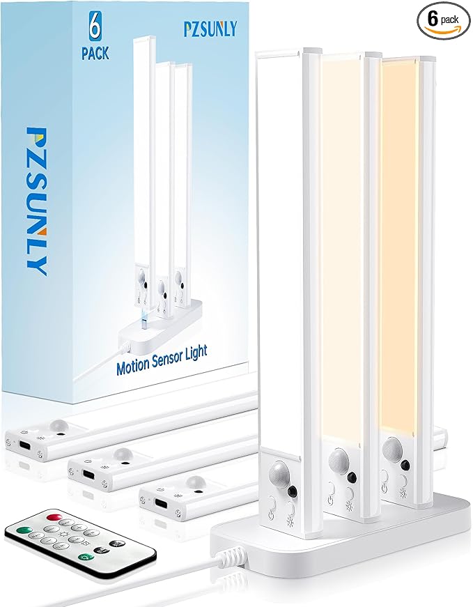 Under Cabinet Lighting with Charging Station,Motion Sensor Light Indoor with Remote,3color Dimmable Closet Light Rechargeable Wireless,Under Counter Lights for Kitchen 6Pack