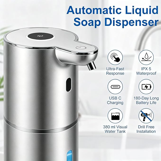Automatic Soap Dispenser, Hand Soap Dispenser 12.8oz/380ml Smart Rechargeable, Liquid Soap Dispensers with 6-Level Touchless, Wall Mounted or Countertop Dish Soap Dispensing for Bathroom & Kitchen