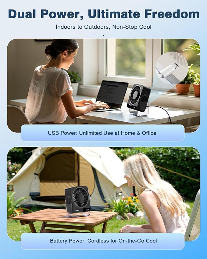 Rechargeable USB Desk Fan - 199 Speeds, 5000mAh 18-Hour Battery, 120° Adjustable Tilt, Small Quiet Table Fan Portable Desktop Fans for Bedroom Home Office Camping Travel Essentials (Black)