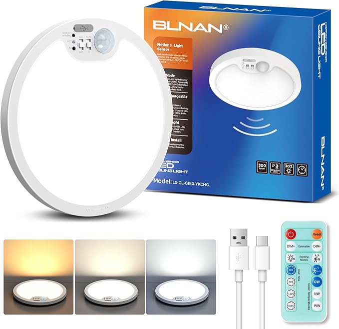 BLNAN Rechargeable Motion Sensor Ceiling Light - Wireless Magnetic Ceiling Light, Remote Control for Color & Brightness, Stick On Battery Operated Light for Shower, Closet, Bathroom, Pantry, Hallway