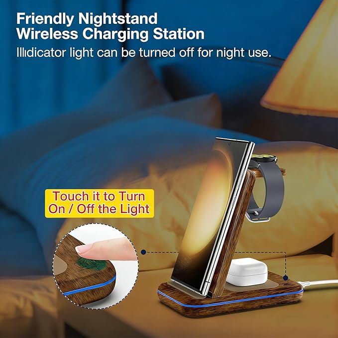 Wireless Charger for Samsung/Android, HOLYJOY Foldable 3 in 1 Fast Charging Station/Stand/Multi Charger for Samsung S25 Ultra/S24/Note 20, Travel Pad for Galaxy Watch 8/7/6/5/Active 2, for Buds(Wood)