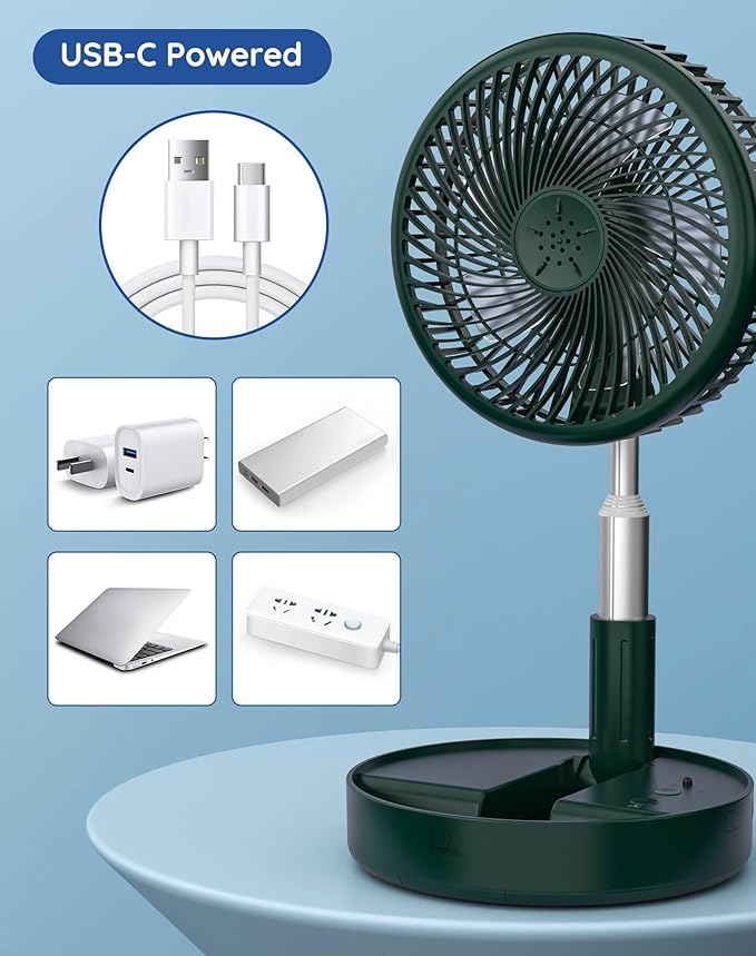 Primevolve Portable Fan,Battery Operated Rechargeable USB Fan with Remote, Foldable Floor Table Desk Pedestal Fan for Bedroom Camping Travel,Green 7.7"