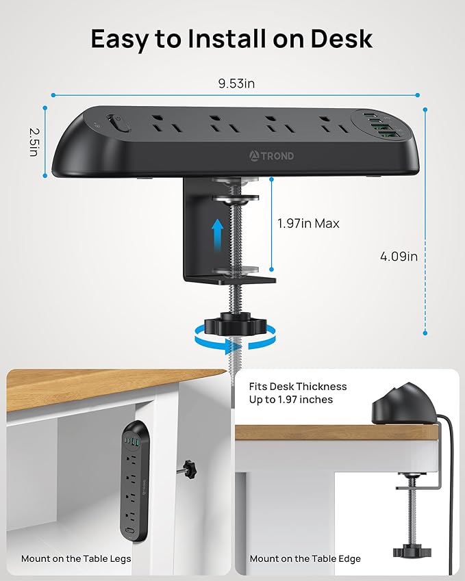 TROND Desk Clamp Power Strip USB C PD 20W- Surge Protector with 4 AC Outlets 4 USB Ports, Flat Plug 6ft Extension Cord, 1700J, ETL Listed, Fits 1.97 in Tabletop Edge, for Home Office Desk Accessories