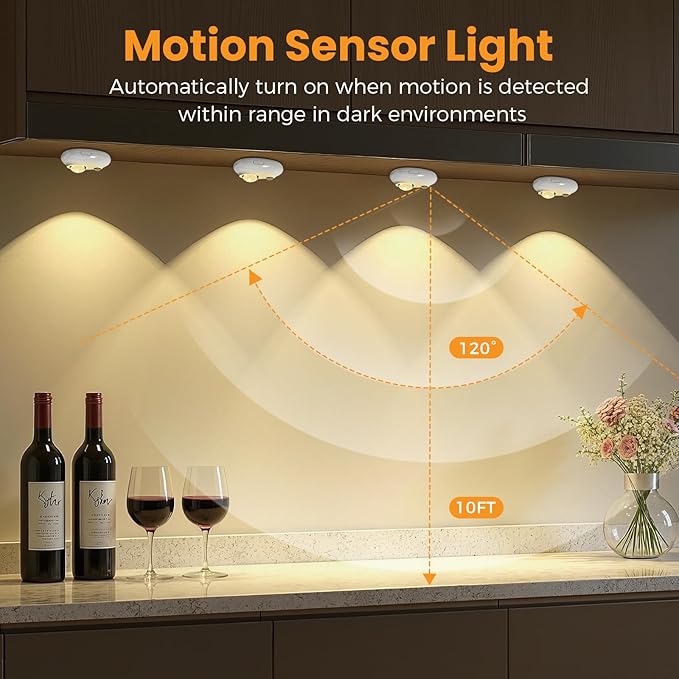 LED Motion Sensor Puck Lights, 3 Color Temps Dimmable Cabinet Light, Wireless Rechargeable Battery Operated Puck Lights, USB Magnetic Closet Light for Drawer, Shelf (4 Pack)