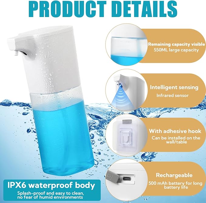 4 Pack Automatic Soap Dispenser Touchless Foaming Soap Dispenser 18.5oz/550ml 4-Level Adjustable Waterproof USB Rechargeable Dispenser Electric Wall Mounted for Bathroom Kitchen Dish Hand Soap