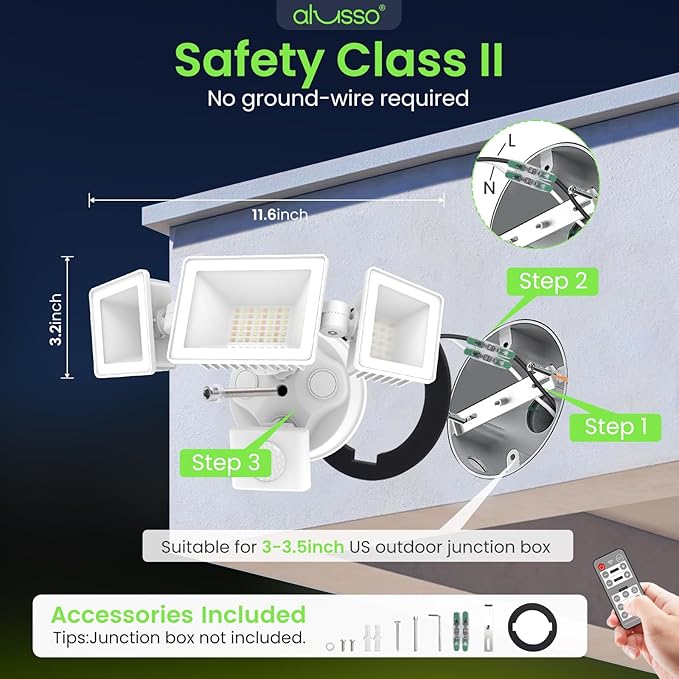ALUSSO LED Security Lights Motion Sensor,120V 36W 3000LM Flood Lights Outdoor Motion Sensor with Remote, Dimmable Brightness 3000K-6000K IP65 3 Heads Outdoor Security Light for Garage Yard,White