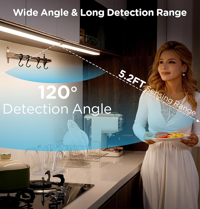 Leetdud Under Cabinet Lighting Plug in 16 Inch, 120V Motion Sensor Lights Indoor, 3CCT 3000/4000/5000K, Aluminum Linkable Super Bright LED Counter Light with Timer for Kitchen, Shelf, Closet, 4 Pack