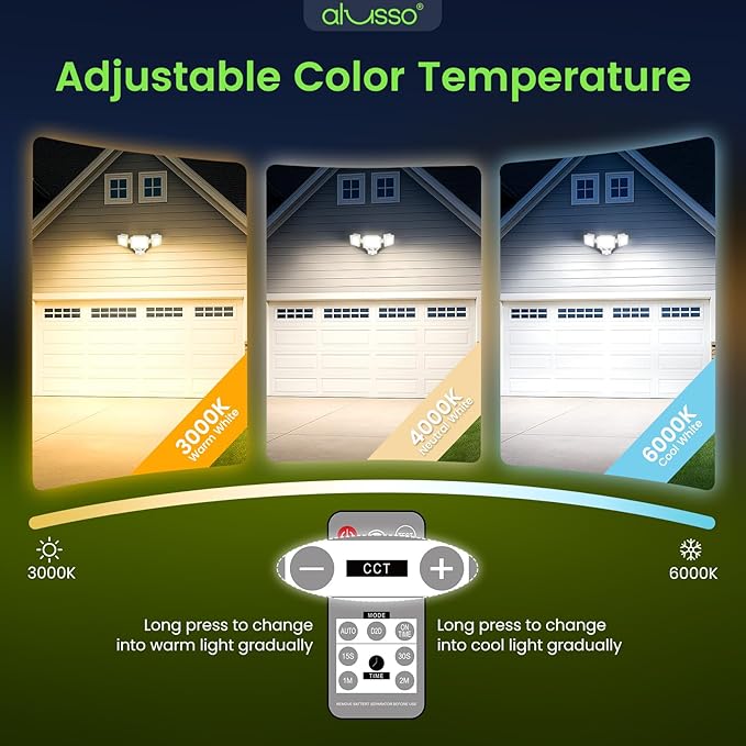 ALUSSO LED Security Lights Motion Sensor,120V 36W 3000LM Flood Lights Outdoor Motion Sensor with Remote, Dimmable Brightness 3000K-6000K IP65 3 Heads Outdoor Security Light for Garage Yard,White