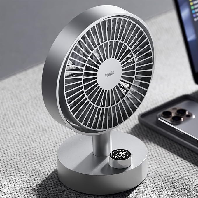SOTHING Desk Fan, 18dB Ultra-Quiet, 6.6-inch Small Fan with 10-Speed, 160° Oscillating, (4000mAh) 12hrs Battery Life, USB-C Rechargeable, Digital Display, Small Desk Fan for Office - Silver