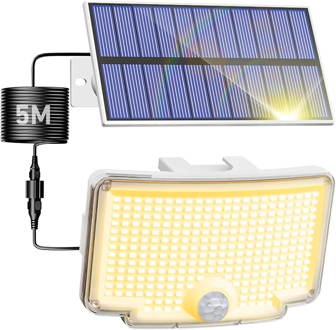 Peasur 1 Pack Solar Motion Lights Outdoor, 318 LED Solar Security Light with 3 Modes, IP65 Waterproof Powered Flood Lights for Outside Garden Backyard, Warm (White Frame)