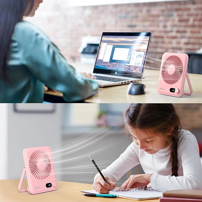 WHATOOK Small Desk Fan Personal Fans: 5000mah 25 Hours Battery Office Quiet Mini Desktop Fan Portable Rechargeable Travel Essentials (Pink, 2000 mAh)