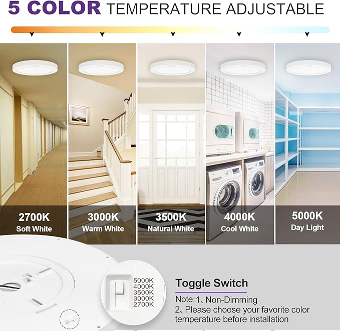 Motion Sensor Ceiling Light, 5CCT Selectable 24W 1500LM, 12 Inch LED Flush Mount Light Fixture Hard Wired, Motion Activated Lights Indoor for Hallway, Stairs, Laundry, Non-Dimmable - 2PK