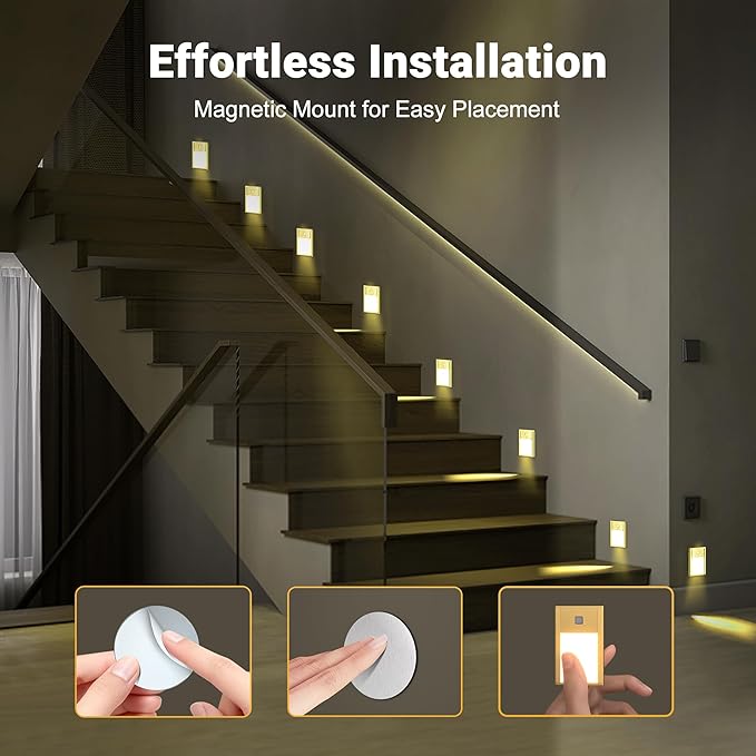 V4light Rechargeable Motion Sensor Night Lights, Ultra-Thin LED Stair Lighting for Safe Night Walking, Brushed Gold Aluminum Alloy, Magnetic Mount, 3000K Warm White Light, Ideal for Hallways & Stairs