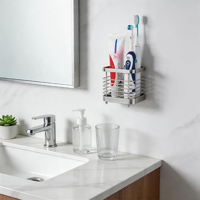 2 Slots Wall Mount Toothbrush Holder for Bathroom, Stainless Steel Toothbrush and Toothpaste Holder Organizer, Electric Toothbrush Holder Self Adhesive Wallmount/Countertop Organizer(Silver)