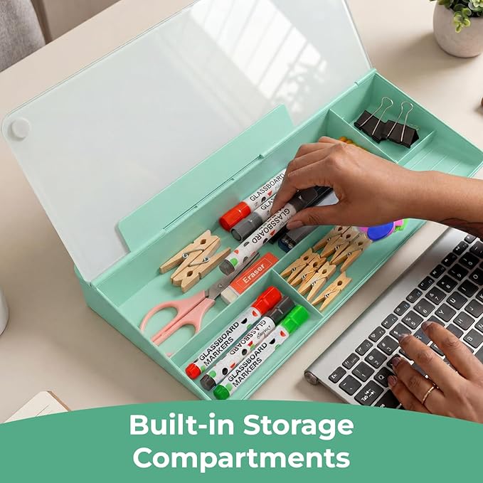 Chalkola Green Glass Desktop Whiteboard with Storage - Dry Erase Board, Work Desk Organizers, Computer Keyboard Stand, Home Office Desk Accessories, Workspace Desktop Buddy