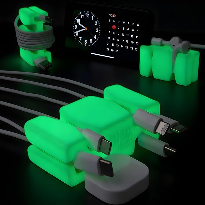 CordBrick 6PK Glowing Silicone + Steel Weighted Cable Holders for Nighstands, Cord Wraps for Travel, Unique iPhone Accessories. Small Graduation Gift for High Schoolers. Gadget for Teens. Green Glow
