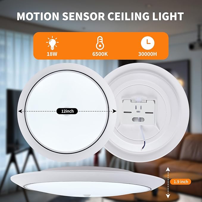 Motion Sensor Ceiling Light Wired, 12 Inch Flush Mount Ceiling Light 6500K Closet Lights, 18W LED Motion Sensor Light Indoor for Stair Closet Porch Hallway Laundry