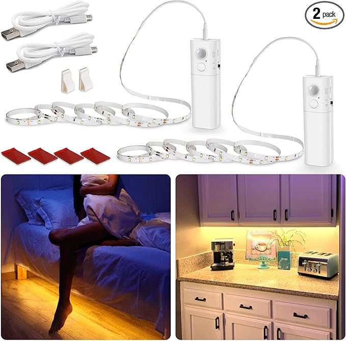 WOBANE Rechargeable Motion Sensor Strip Light, LED Closet Lights,Upgraded Battery Operated LED Strip Light for Wardrobe,Stair,Pantry,Cupboard,Bed,Locker,2700K Warmwhite,6.56ft,2 Pack