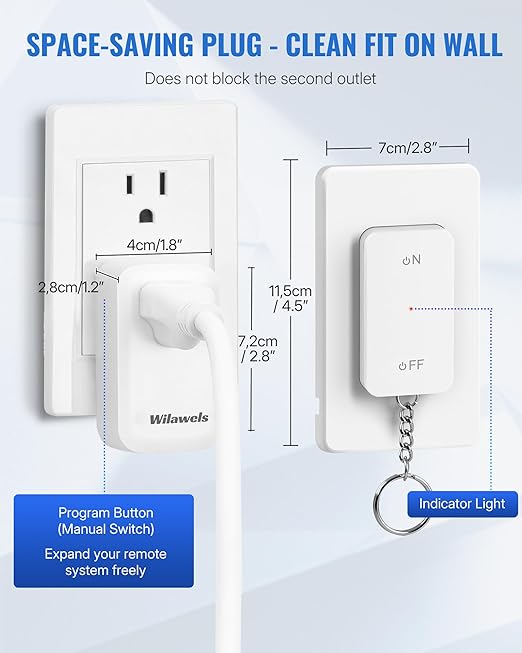 Remote Control Outlet with Two Switches, WILAWELS Wireless Light Switch with Magnetic Base, On Off Remote Outlet Switch, 100ft RF Range, 15A/1875W, Pre-Programmed, FCC Listed W10RC2106