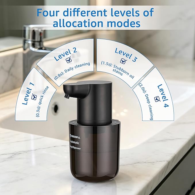 Automatic Foaming Soap Dispenser for Bathroom: 4-Level Adjustable Countertop/Wall Mount Hand Soap Dispenser, 13.5oz/400ml Type-C Rechargeable – Suitable for Kitchen, Bathroom, Office, Hotel (Black)