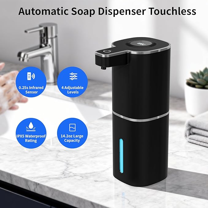 Automatic Liquid Soap Dispenser, Touchless Rechargeable Hand Soap Dispenser, 4 Adjustable Levels, 1200mAh Battery, Large Display, for Kitchen & Bathroom (Black, Liquid)