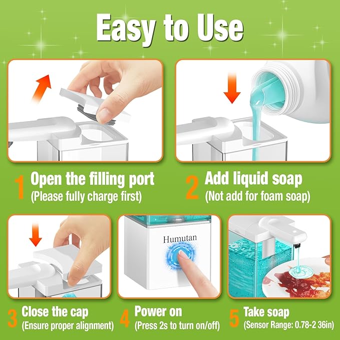 Automatic Soap Dispenser Touchless, Rechargeable Hand Soap Dispenser with 3 Adjustable Levels, Non-Slip Base, Smart Sensor, Easy for Kids & Seniors, for Kitchen Bathroom Dish Soap (16.5oz White)