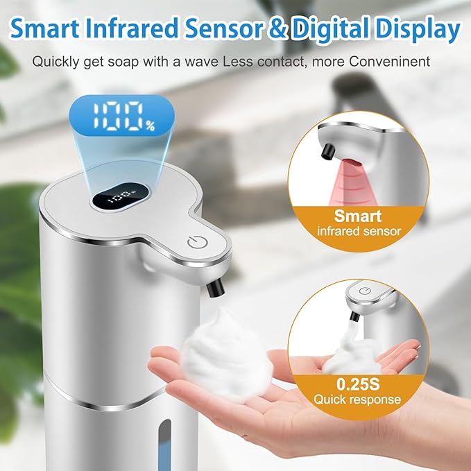 Automatic Foaming Soap Dispenser with Digital Display, 6-Level Foam Adjustable, Rechargeable, 12.8oz/ 380ml Wall Mounted Touchless Hands Free Auto Dispenser for Kitchen, Bathroom, Hotel, Restaurant