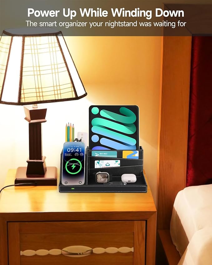 Fast Wireless Charging Station with Desk Organizer for iPhone 17/16/15/15 Pro/14/14 Pro Max/14 Pro/14 Plus/13/13 Pro Max/13 Pro/and iPhone 12/11 Series, Nightstand Desktop Organizer for Home Office