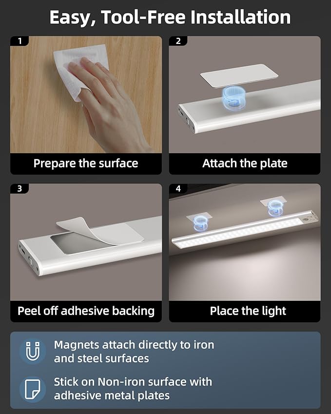 Under Cabinet Lights, Motion Sensor Light Indoor, Wireless Closet Lights, 3500mAh Rechargeable, Magnetic, 5 Levels Dimmable, Under Counter Lights for Kitchen (2 Pack)