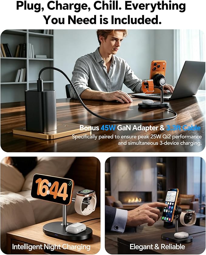 Qi2.2 25W 3 in 1 Wireless Charging Station with TEC Active Cooling Mag-Safe Charger Stand,Magnetic Wireless Charger for iPhone 17-8,Galaxy S26/S25/S24,Apple/Samsung Watch,Pods/Buds(45W Included)