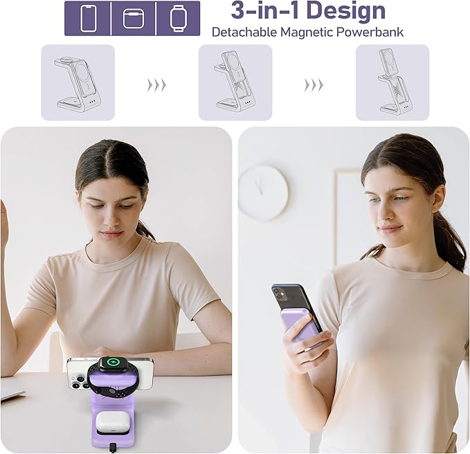 Smtcsl 3 in 1 Wireless Charging Station: 5000mAh Removable Power Bank Charger Stand for Phone/Watch/Air Pods - Portable Magnetic Battery Pack for Air 17 16 15 14 13 12 Series Purple