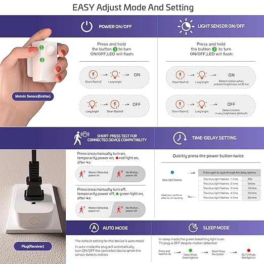 RAYZEEK Wireless Motion Sensor Plug Kits,No-Wire Mini PIR Sensor Switch Control Plug to Auto Turn On/Off Electrical Devices,10A/1100W for Christmas Lights,Fans,Household Appliances