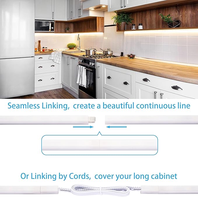 Motion Sensor Under Cabinet Lights, Plug in, Seamlessly Linkable, 6 Pcs 12 Inch Under Counter Lighting Bars for Kitchen, Closet, Gun Safe, Shelf, Display Case, LED 3000k Warm White