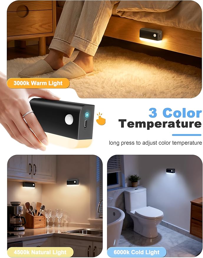 NIORSUN Motion Sensor Stair Lights Indoor, 8 Pack Rechargeable Wireless Step Lights with 3 Color Temperatures, 1200mAh Battery, Magnetic Base for Hallway, Closet, Bathroom, Black