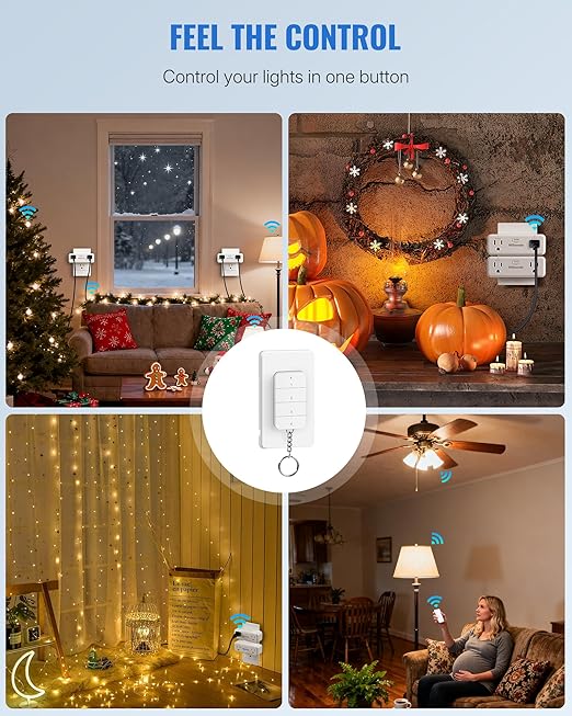 Remote Control Outlet with 4 Independent Control Sockets, WILAWELS Wireless Light Switch, Expandable Remote Outlet Switch forChristmas Tree Lights, String Lights, 15A/1875W/125V, FCC Listed