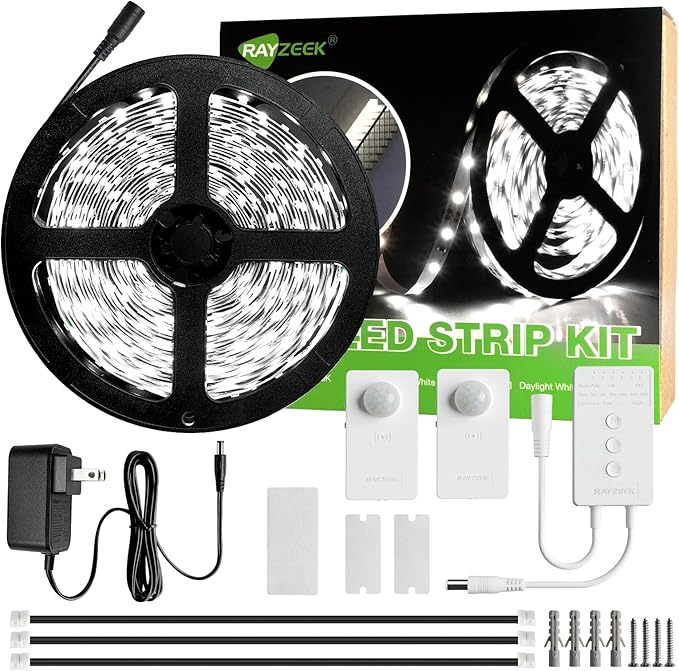 RAYZEEK Wireless Motion Activated LED Strip Lights,19.7FT LED Strip Lights with Power Adapter,Wireless Motion Sensor Control Dimmer,Timing,Cool White (1×Controller+2×Motion Sensor)