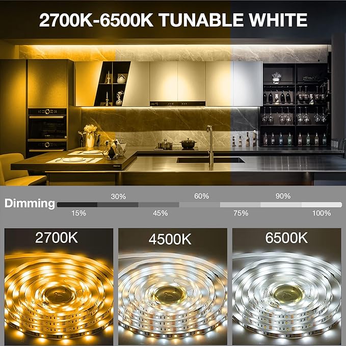 DAYBETTER Under Cabinet Lighting kit, 6 PCS LED Strip Lights with Remote, Dimmer and Adapter, Dimmable for Kitchen Cabinet,Counter,TV Back,Showcase 2700K-6500K Warm to Daylight White, Timing, 20ft