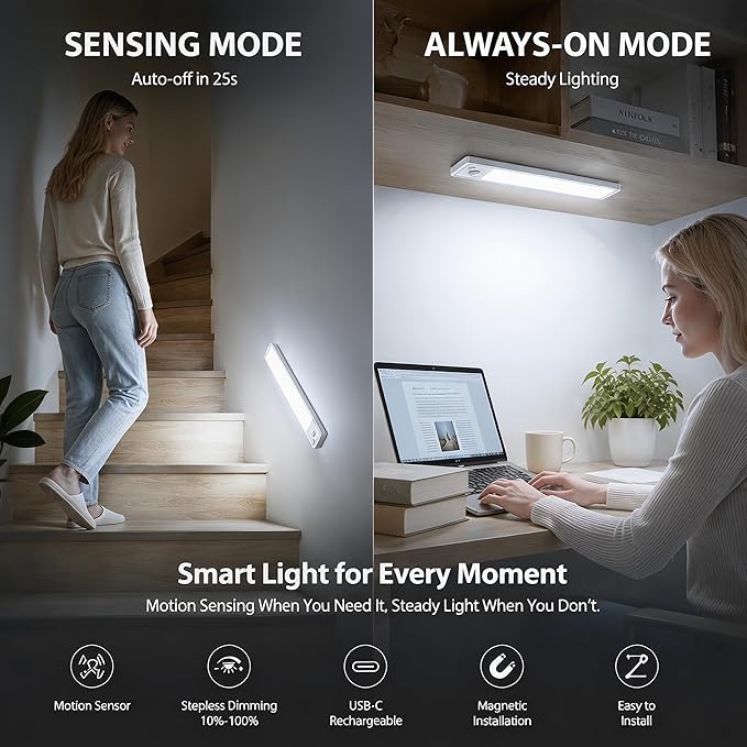 Under Cabinet Rechargeable Lighting: 8 Inch Motion Sensor Dimmable Lights Indoor - Battery Operated Lights - Wireless Closet Light Magnetic Led Light for Kitchen Home Bathroom Counter 2 Pack