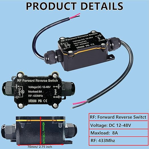Forward and Reverse Remote Switch,DC 12V to 48V 8A Waterproof Remote Control Switch,Linear Actuator 12V Wireless Remote,Up to 165 Feet Range,for Shutter Doors,Winch Electromagnetic