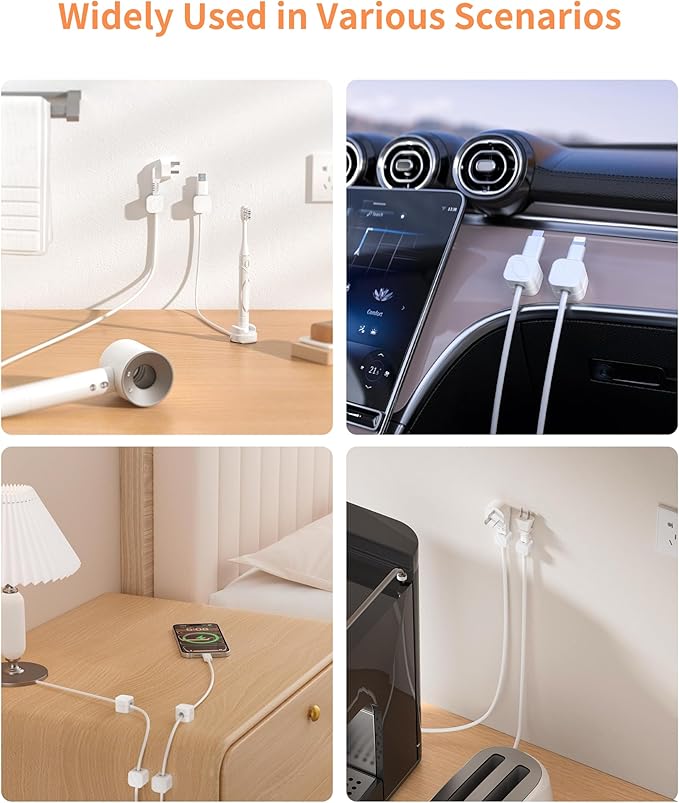 6-Pack Magnetic Cable Clips, XOVRAETH Smooth Adjustable Adhesive Cord Organizer, Desk Cable Management Wire Holder Keeper Cables Staples for Nightstand Home Office Desk Car Phone Wall Desktop(WhiteC)