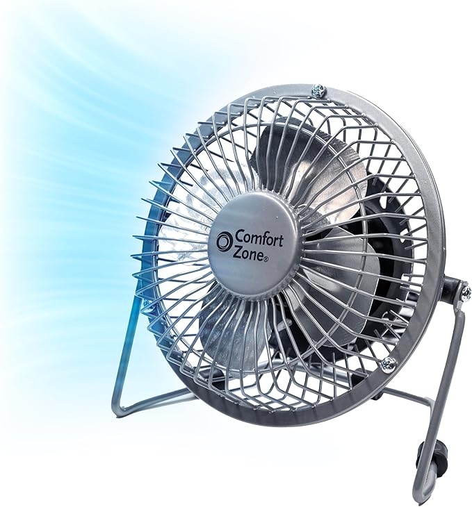 Comfort Zone 4-inch All-Metal Mini Desk Fan – High Velocity Portable USB Fan with 120V Wall Adapter, 360° Adjustable Tilt & Quiet Operation – Compact Electric Table Fan for Office, Home & Travel